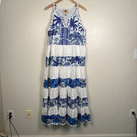 FARM RIO Tropical Eyelet Dress Women's Size XL Blue Maxi Dress Bohemian Vacation - Picture 9 of 9